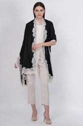 🖤 Elegant Black Viscose Stole with decorative white Lace by Cashmere Craft