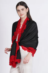 Elegant Black Viscose Stole with decorative Red Lace by Cashmere Craft