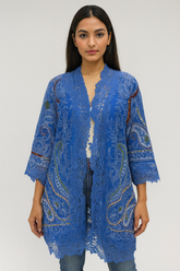 Bright/Royal Blue Wool Embroidery Lace Jacket with Floral Design & Delicate Lace Borders