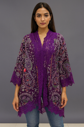 Purple Wool Embroidery Lace Jacket with Floral Design & Delicate Lace Borders