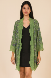 Green Wool Embroidery Lace Jacket with Floral Design & Delicate Lace Borders