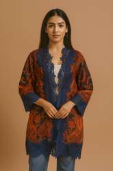 Navy Blue Wool Embroidery Lace Jacket with Paisley Design & Floral Lace by Cashmere Craft