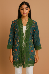 Green Wool Embroidery Lace Jacket with Paisley Design & Floral Lace by Cashmere Craft
