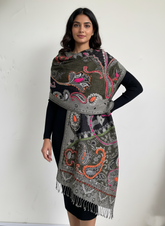 Luxury Handcrafted Wool Shawl with Paisley Embroidery & Tassel Fringe – Warm Winter Wrap (Green)