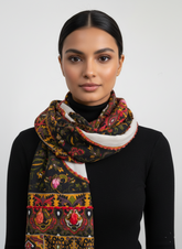 Kashmiri Style Wool Embroidered Printed Scarf – Multicolor Floral Design