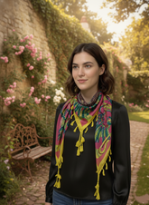 Multicolor Printed Silk Tassel Scarf by Cashmere Craft