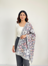 Cashmere Craft Luxury Viscose Jacquard Woven Paisley with Multicolor embroidery Design Winter Stole/Scarf (Grey, Off-White)