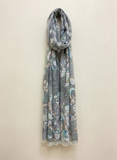 Cashmere Craft Luxury Viscose Jacquard Woven Paisley with Multicolor embroidery Design Winter Stole/Scarf (Grey, Off-White)