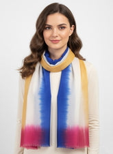 Elegant Tri-Color Ombre Wool Scarf – Blue, Yellow & Maroon Gradientby Cashmere Craft