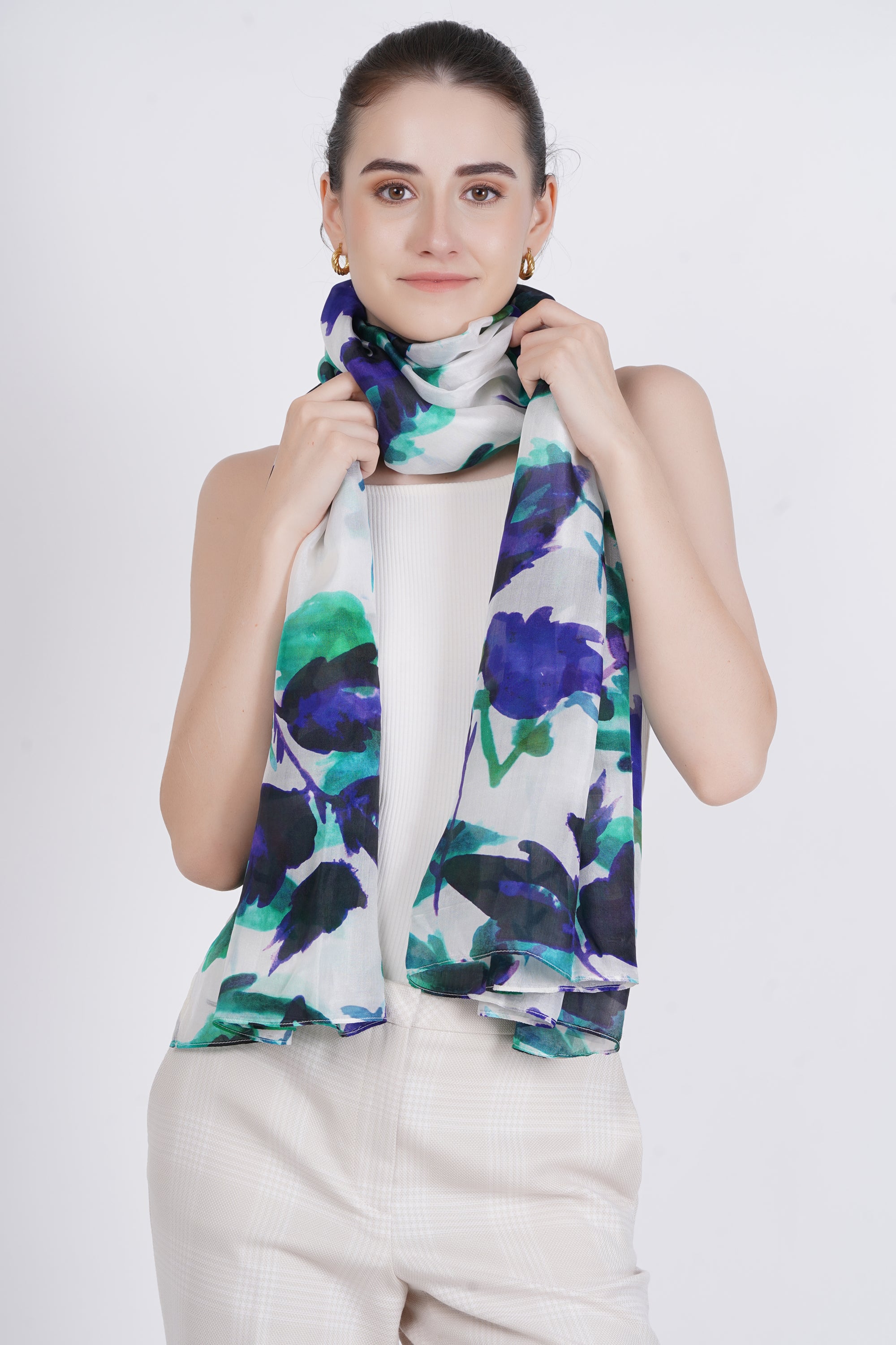 Green Floral Leaves Silk Scarf