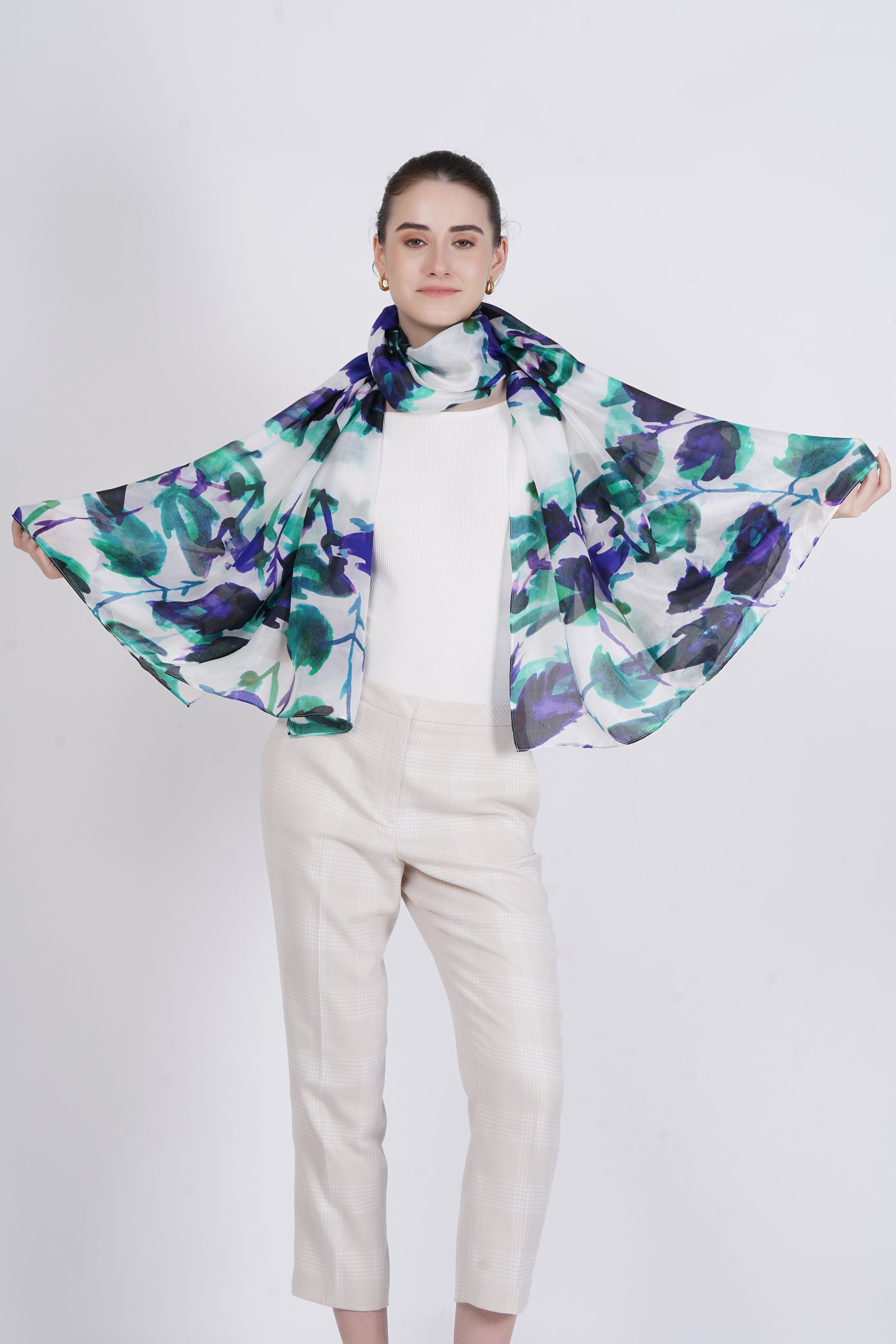 Green Floral Leaves Silk Scarf
