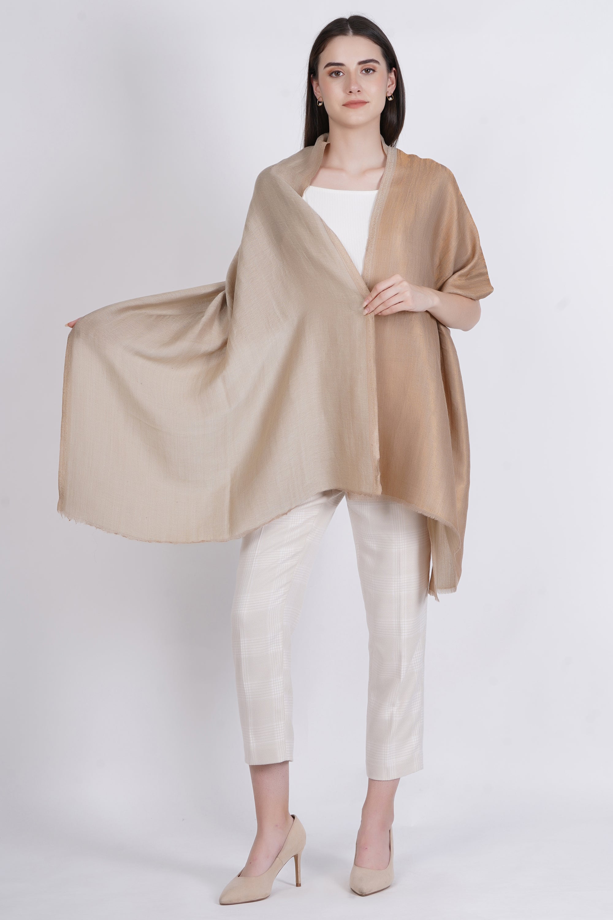 Beige Fine Wool Reversible Lurex Stole