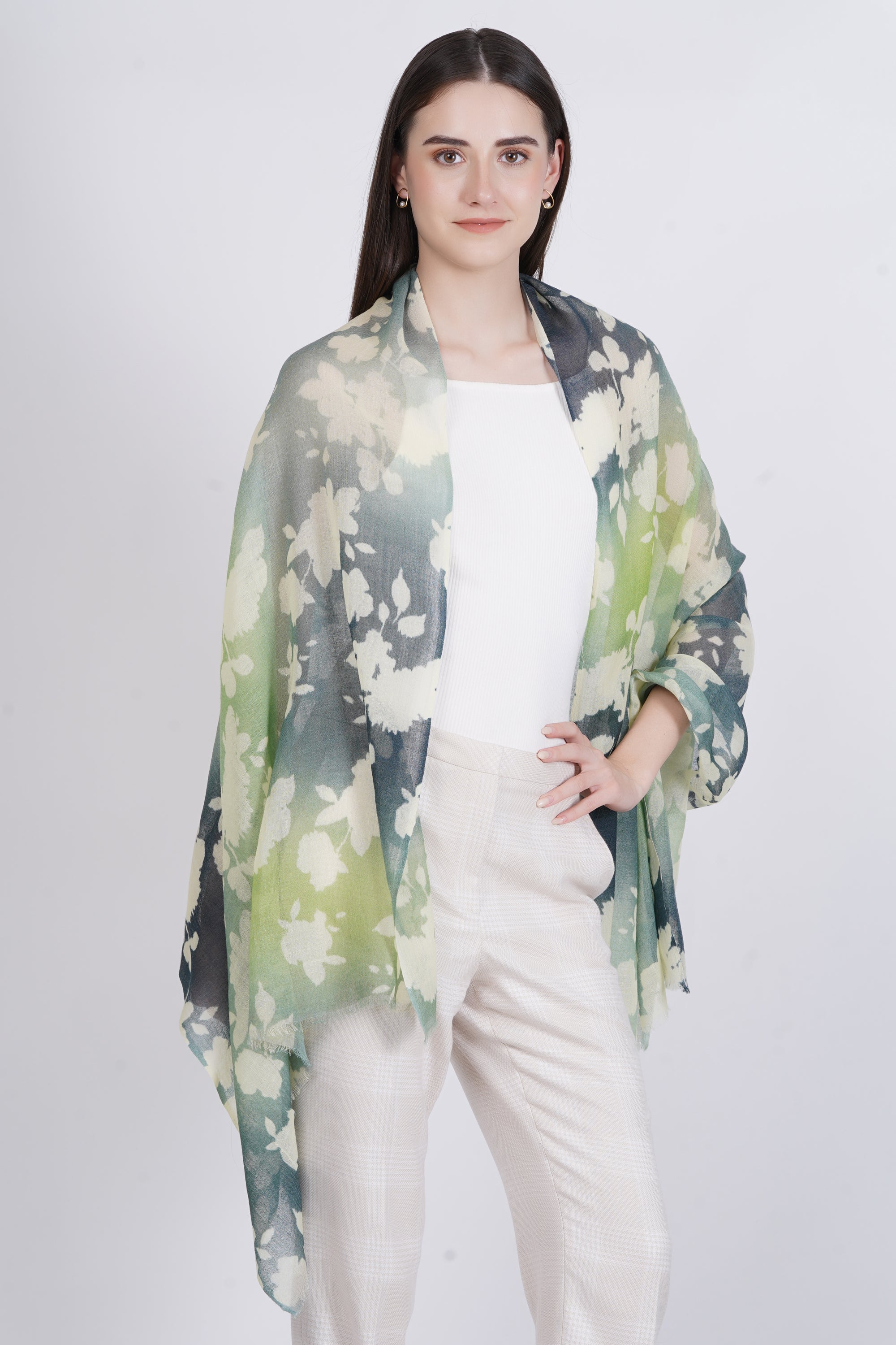 Green Floral Printed Fine Wool Stole