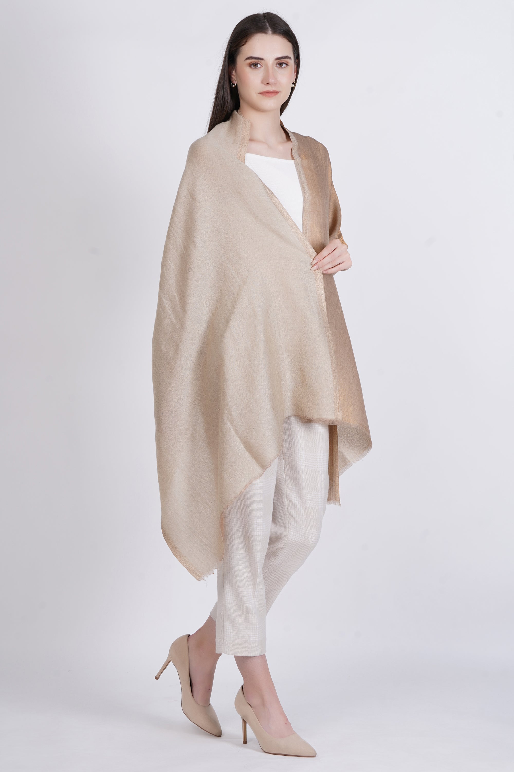 Beige Fine Wool Reversible Lurex Stole