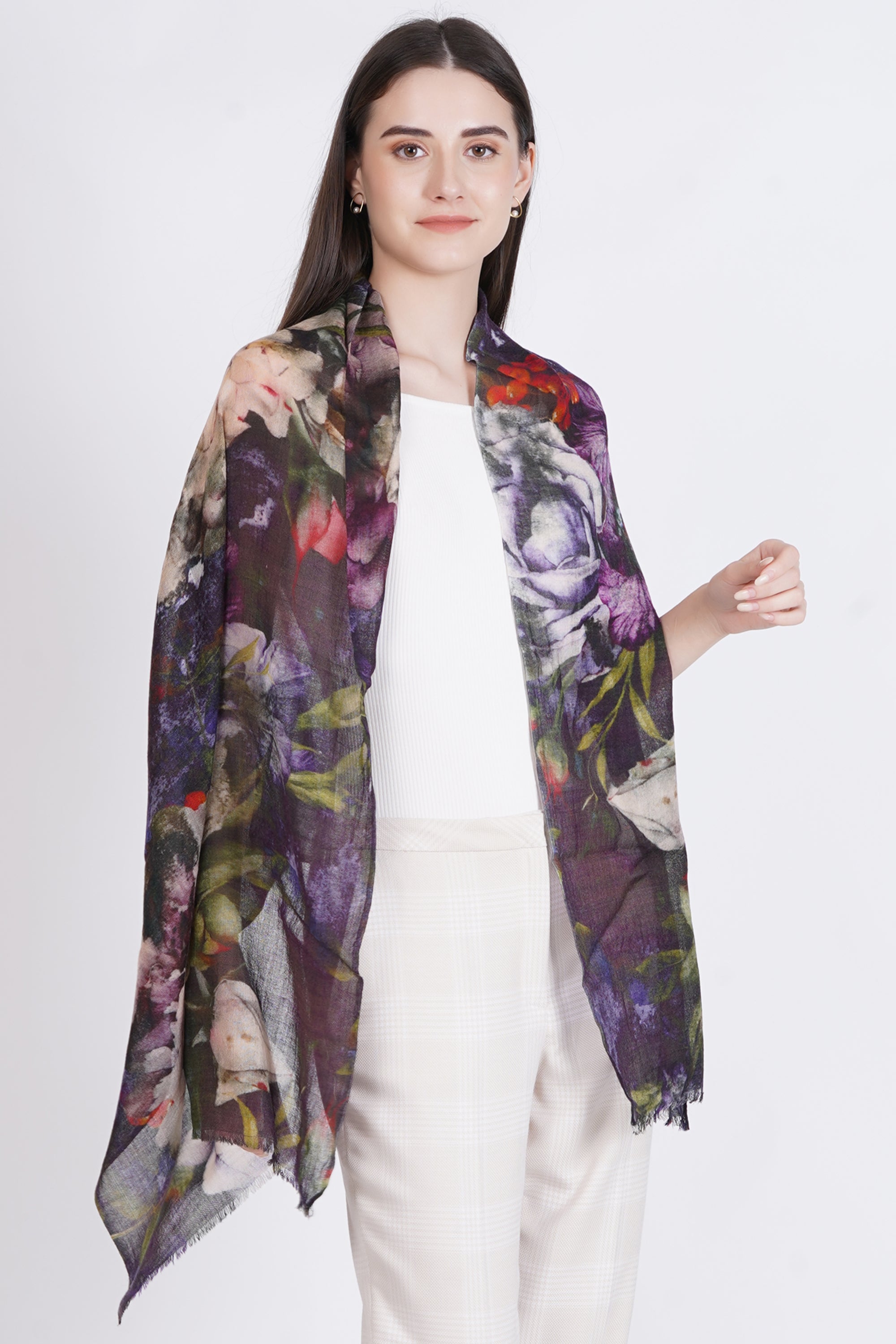 Dark Muti Floral Design Fine Wool Stole