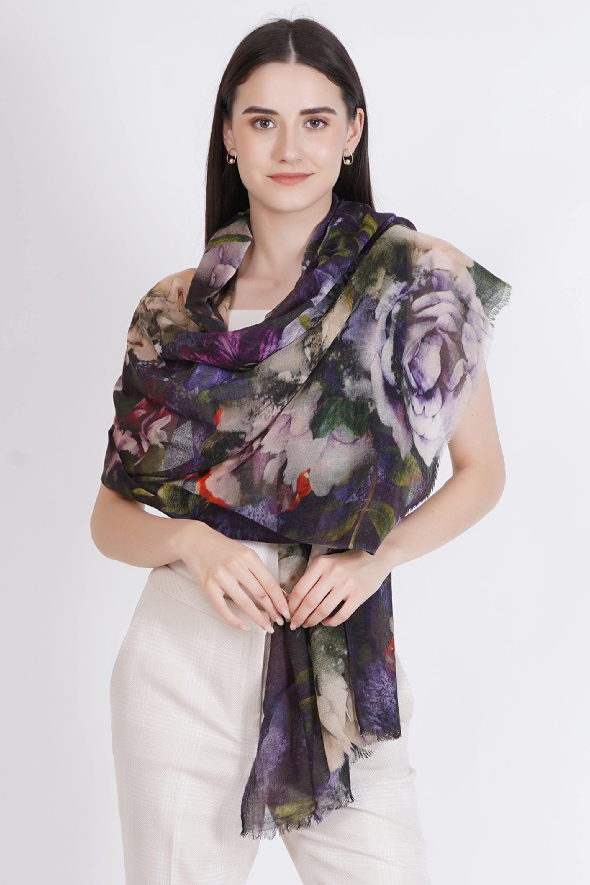 Dark Muti Floral Design Fine Wool Stole