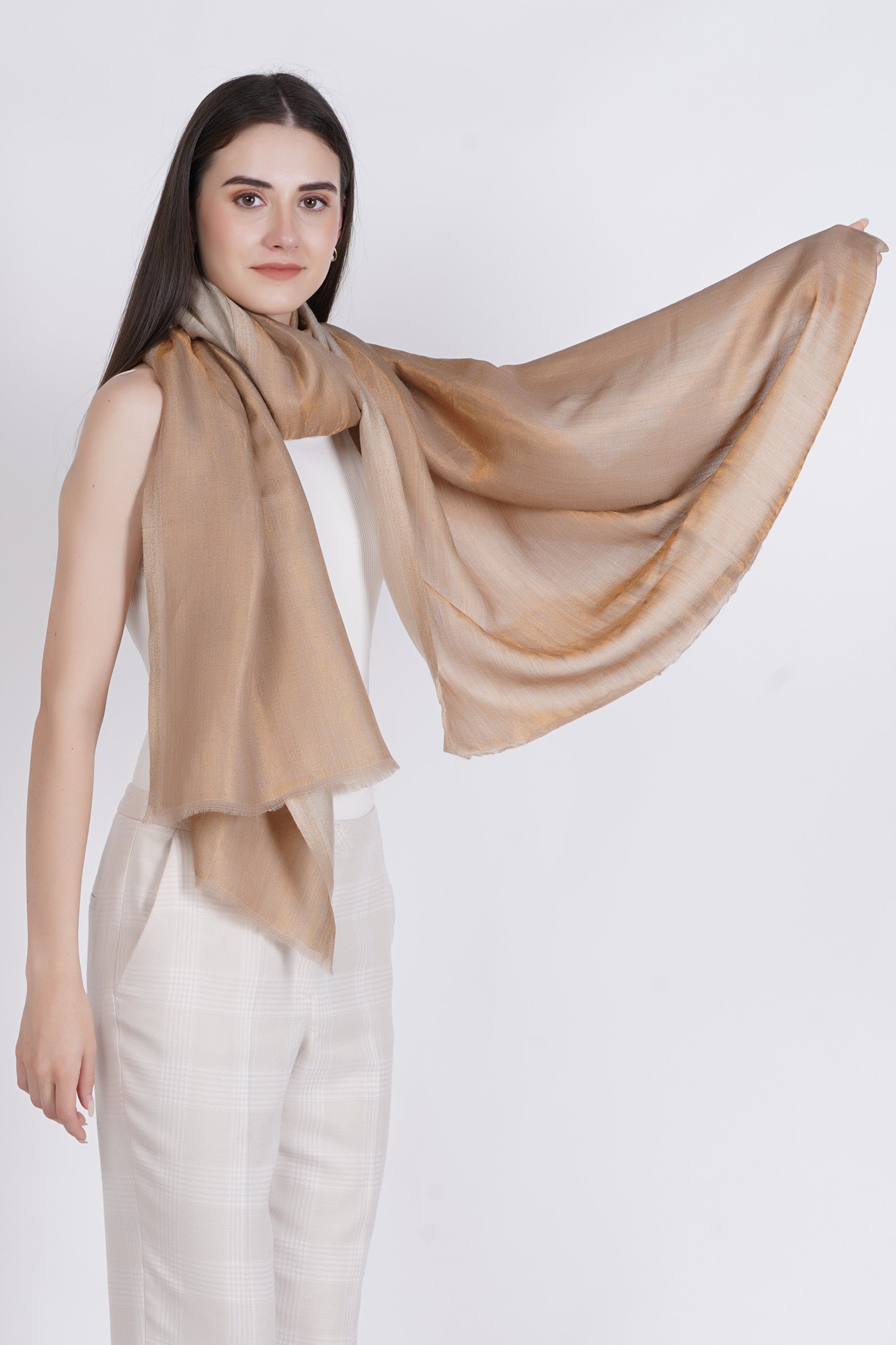 Beige Fine Wool Reversible Lurex Stole