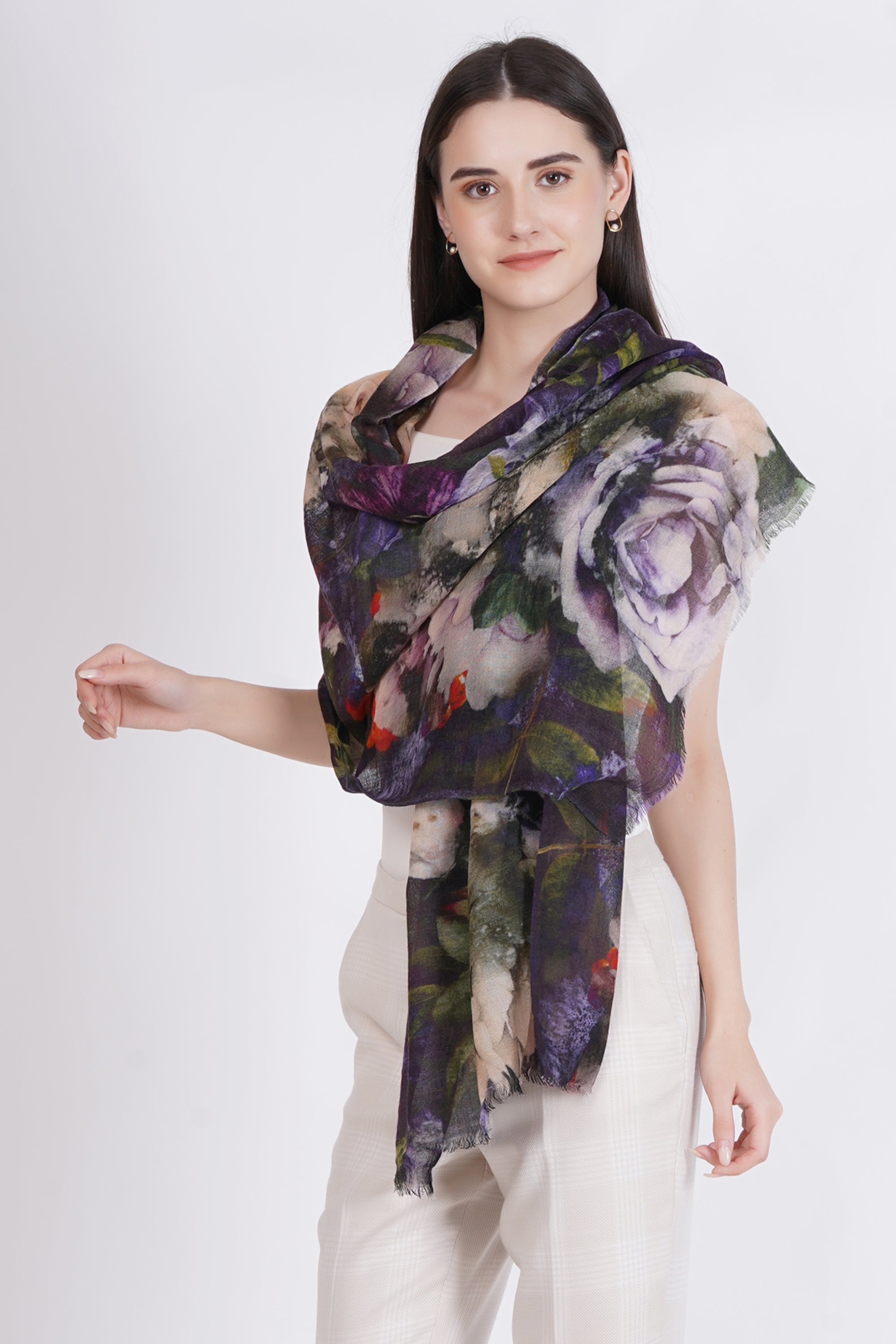 Dark Muti Floral Design Fine Wool Stole
