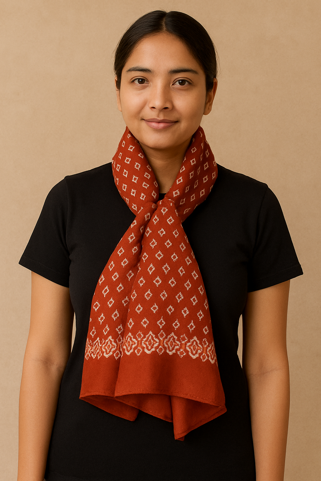 Terracotta Red & Off-White Geometric Printed Silk Scarf by Cashmere Craft
