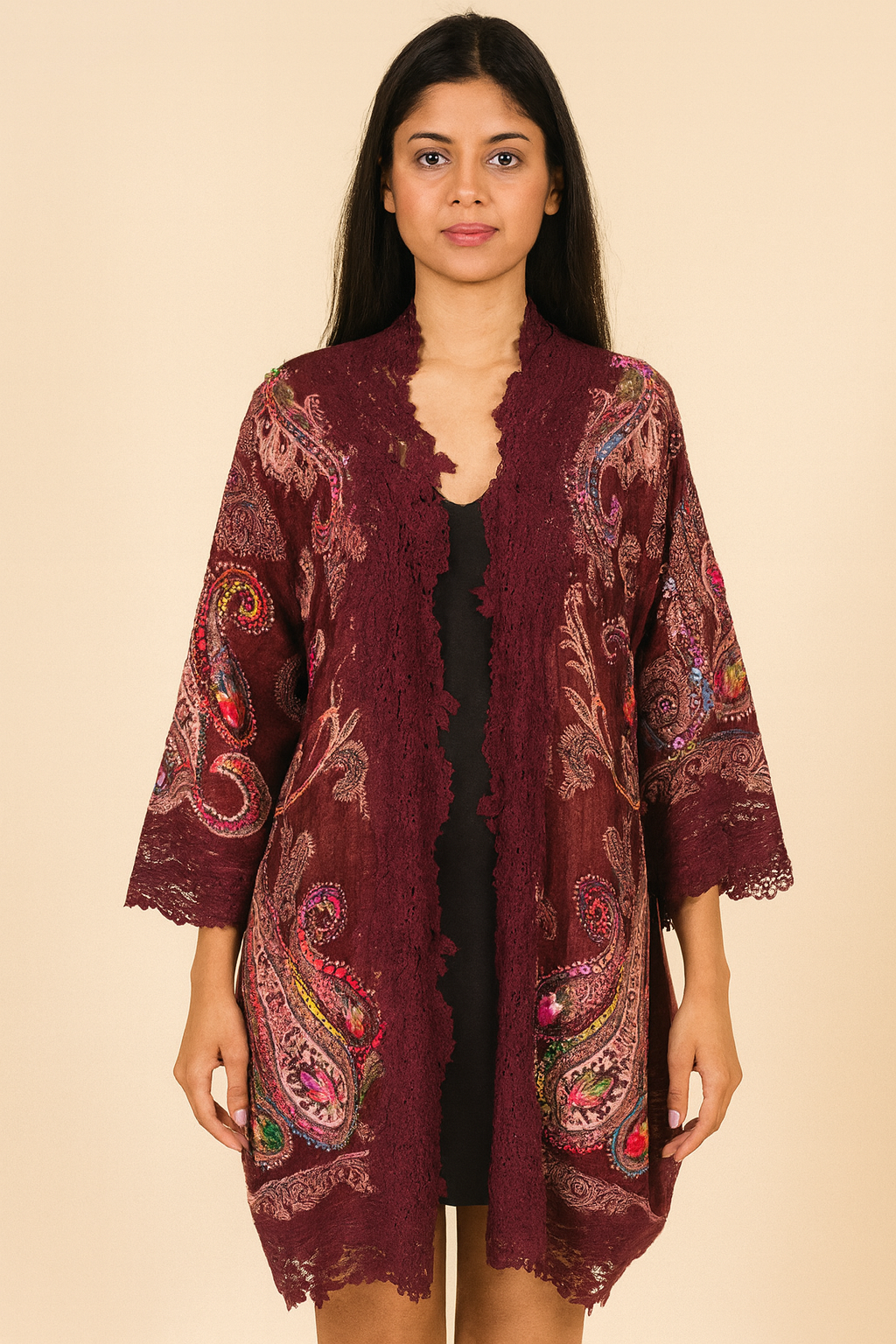 Maroon Wool Embroidery Lace Jacket with Floral Design & Delicate Lace Borders