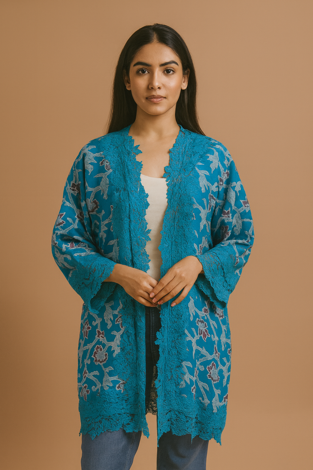 Turquoise/Teal Blue Wool Embroidery Lace Jacket with Floral Design & Delicate Lace Borders