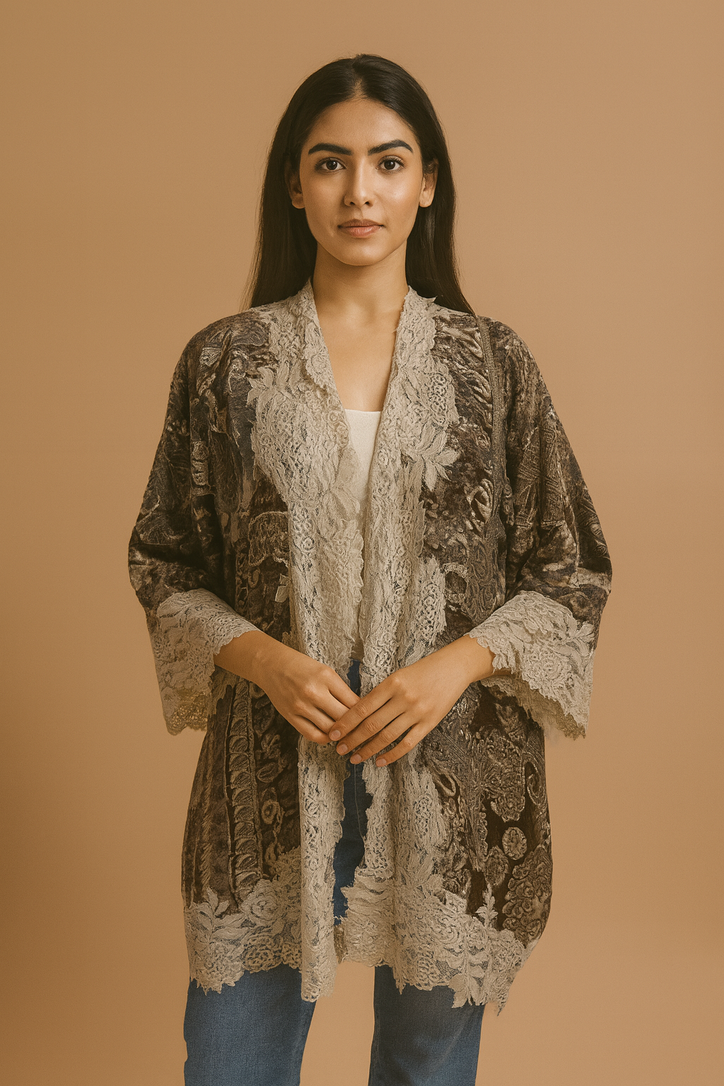 Luxury Brown & Ivory Printed wool Jacket/Shrug with Vintage Lace Trim