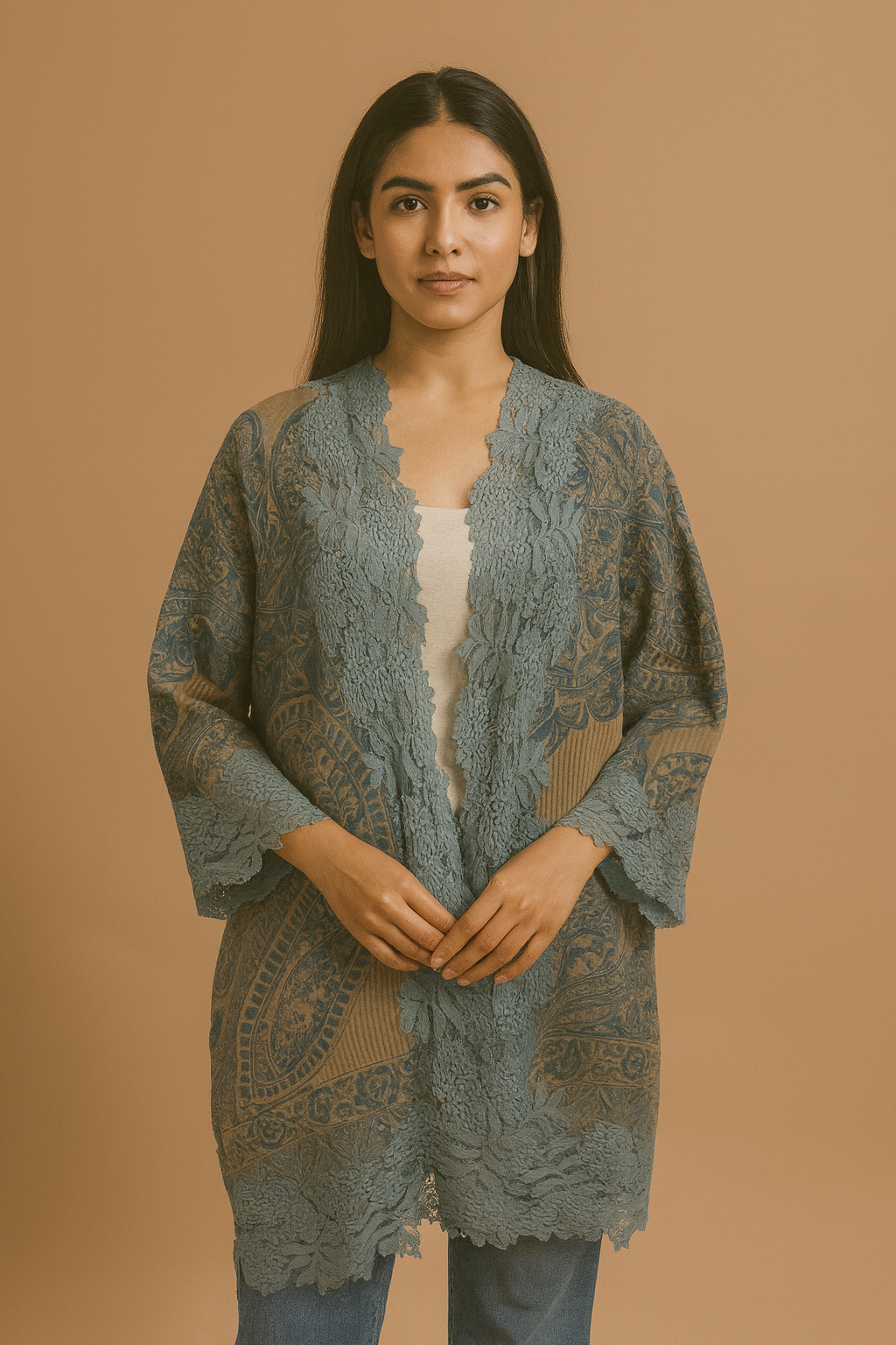 Cozy Blue & Camel Paisley Woven Wool-Blend Cardigan/Shrug with 3D Floral Lace Applique