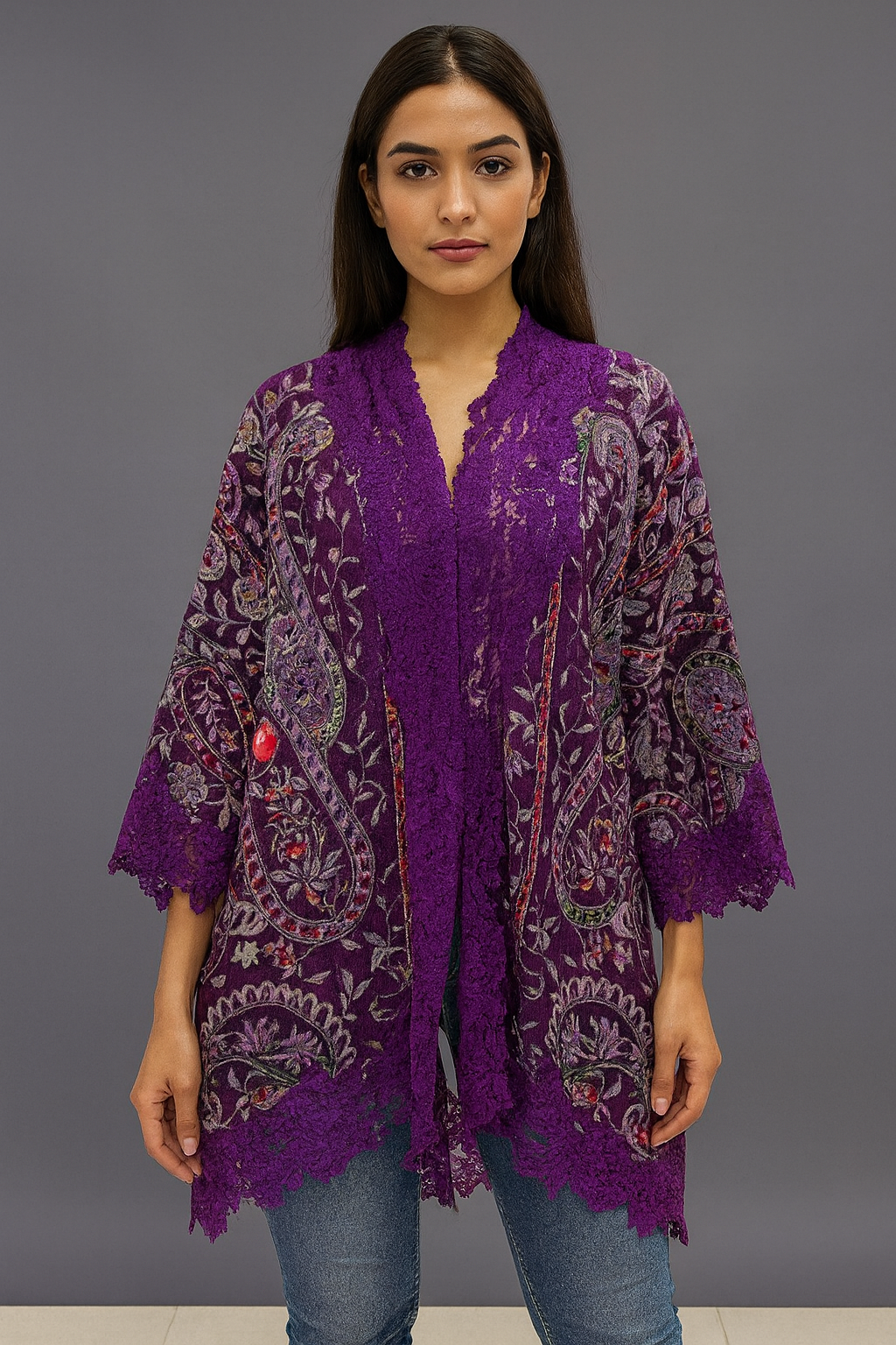 Purple Wool Embroidery Lace Jacket with Floral Design & Delicate Lace Borders