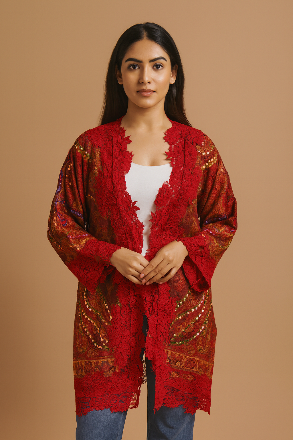 Red Wool Embroidery Lace Jacket with Paisley Design & Floral Lace by Cashmere Craft