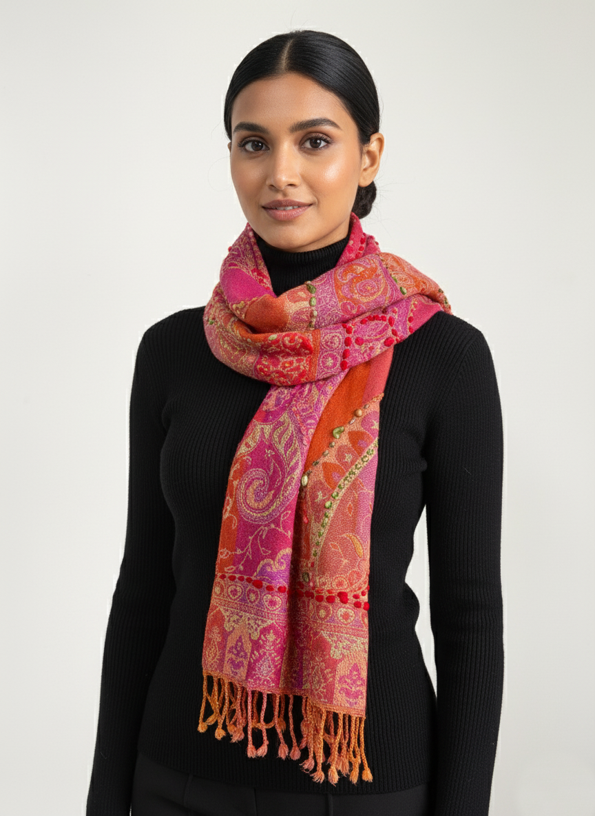Luxury Handcrafted Wool Shawl with Paisley Embroidery & Tassel Fringe – Warm Winter Wrap (Pink)
