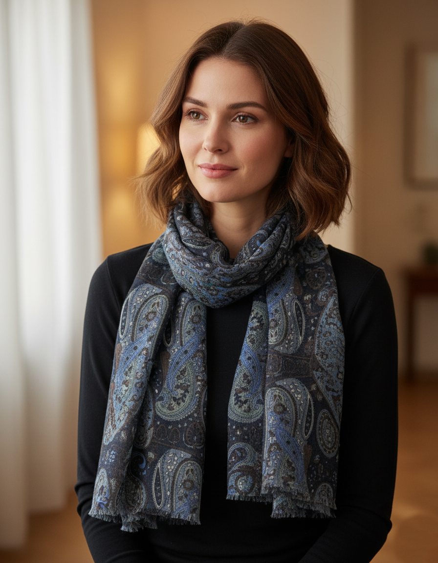 Elegant Blue Wool Embroidered Scarf with Paisley Print – Premium Winter Stole by Cashmere Craft