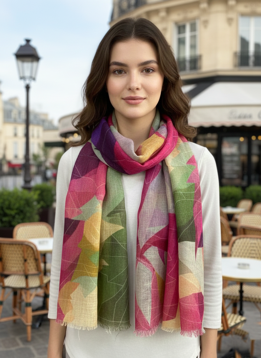 Multicolor Abstract Print Linen Scarf | Lightweight Soft Summer Stole for Women by Cashmere Craft