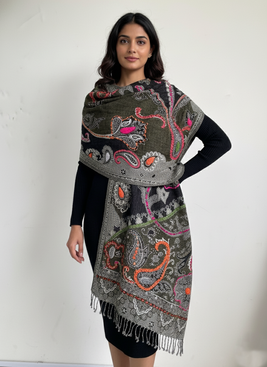 Luxury Handcrafted Wool Shawl with Paisley Embroidery & Tassel Fringe – Warm Winter Wrap (Green)