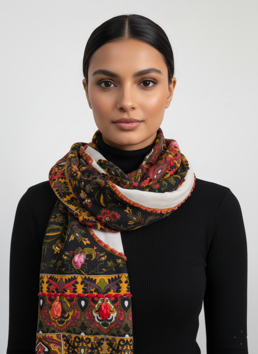 Kashmiri Style Wool Embroidered Printed Scarf – Multicolor Floral Design