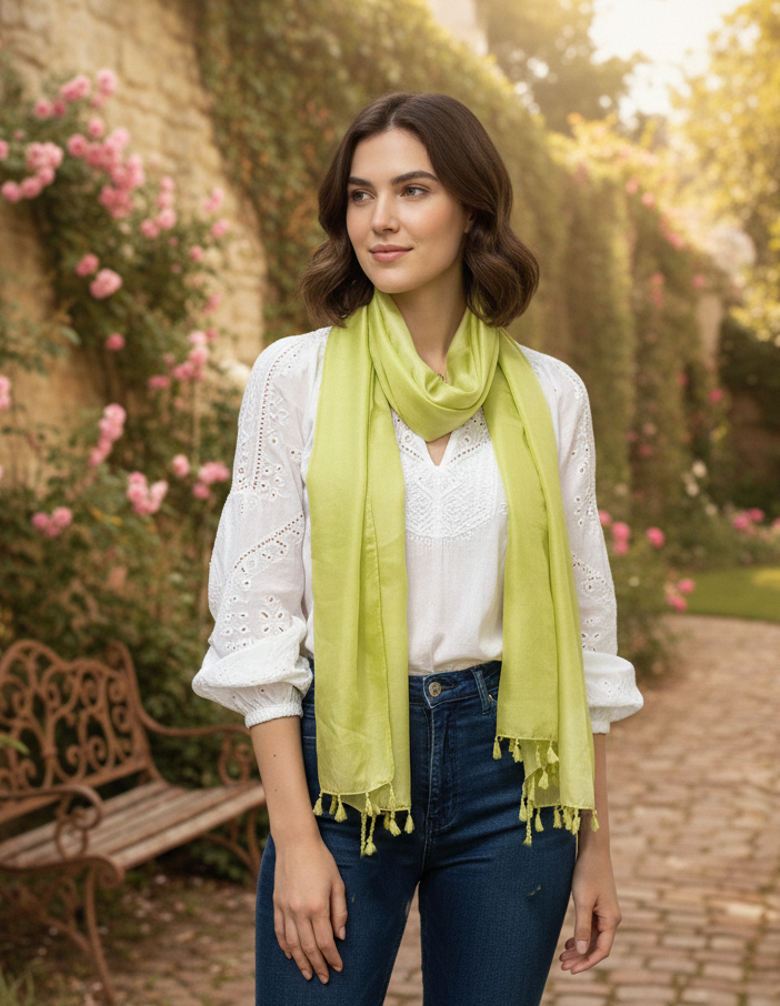 Lime Green Solid Silk Scarf with Tassel Edges