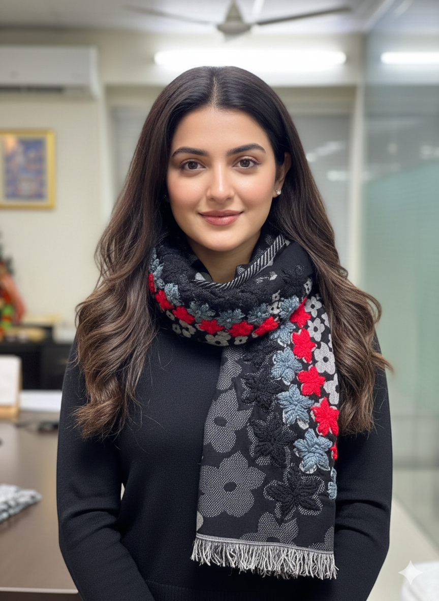 Black Viscose Embroidery Floral Shawl/Stole