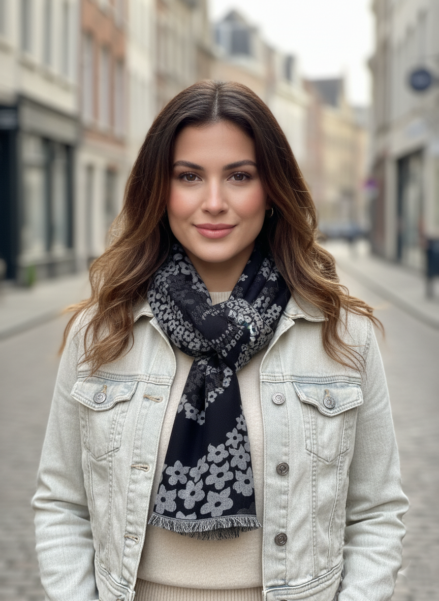 Black Viscose Floral Shawl/Stole