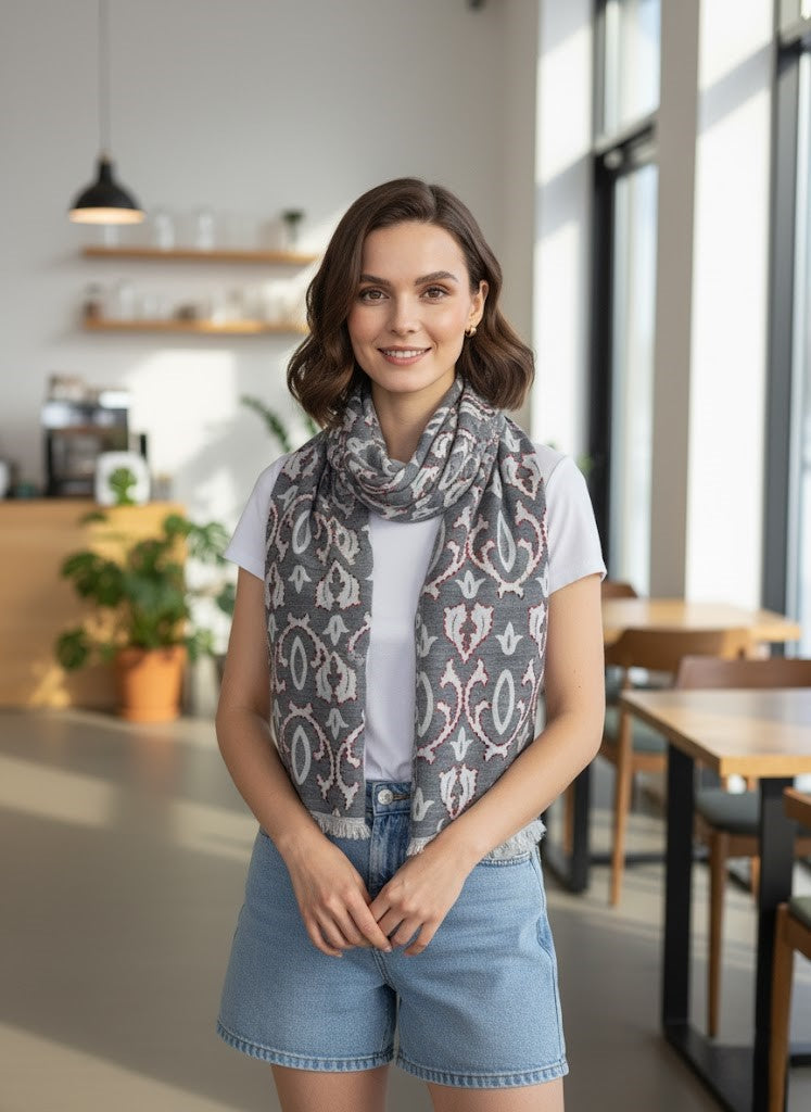 Cashmere Craft Luxury Viscose Jacquard Woven Paisley with Maroon embroidery Design Winter Stole/Scarf (Grey, Off-White & Maroon)