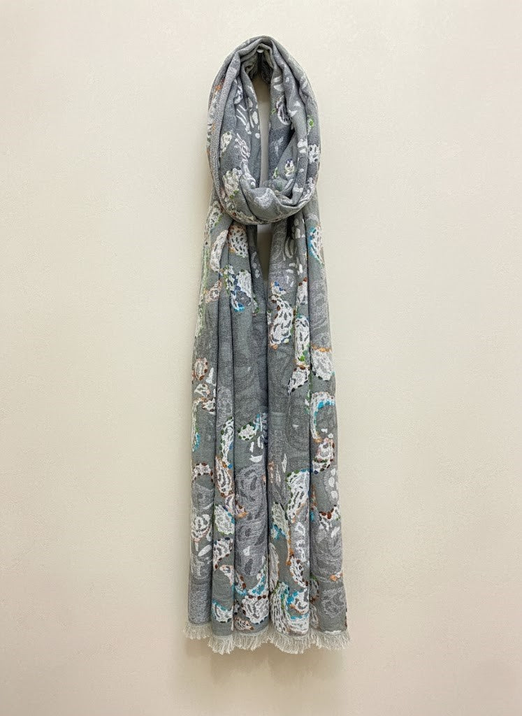 Cashmere Craft Luxury Viscose Jacquard Woven Paisley with Multicolor embroidery Design Winter Stole/Scarf (Grey, Off-White)