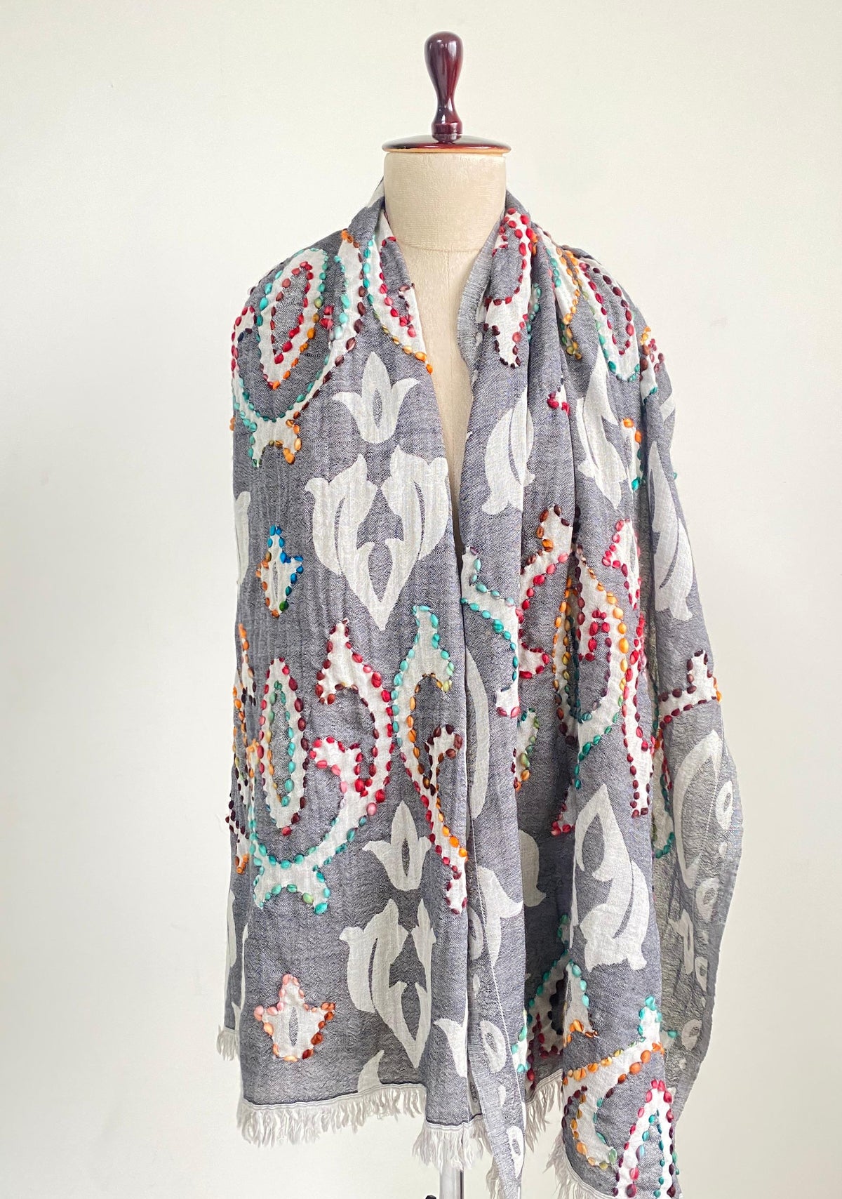 Cashmere Craft Luxury Viscose Jacquard Woven Paisley with Multicolor embroidery Design Winter Stole/Scarf (Grey, Off-White)