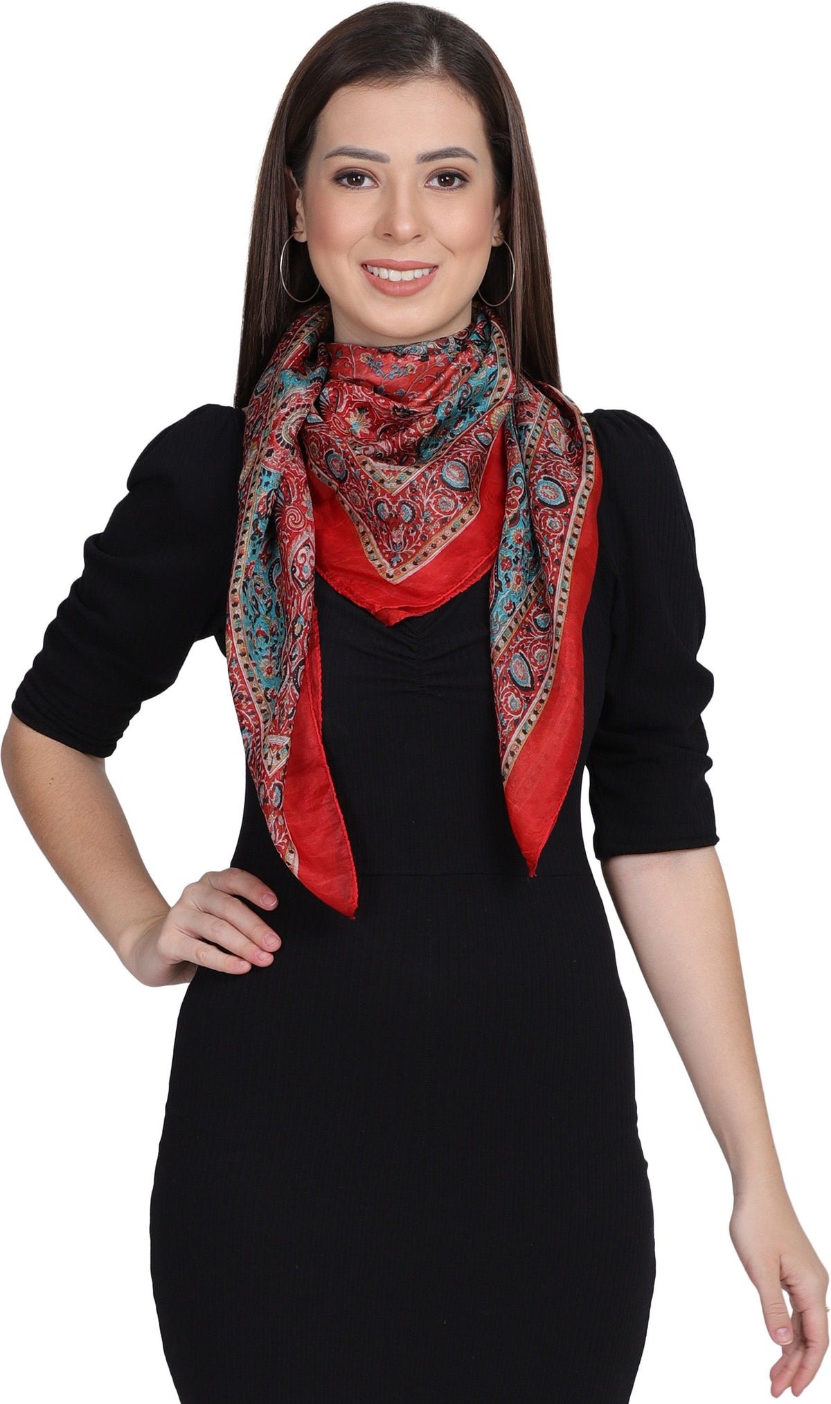 "Cashmerse Women’s Designer Silk Scarf – Royal Red with Ethnic Paisley Pattern"