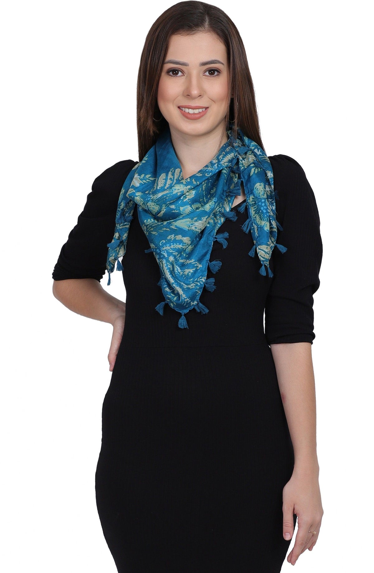 Cashmere Craft  Blue Floral Printed Pure Silk Scarf with Tassels