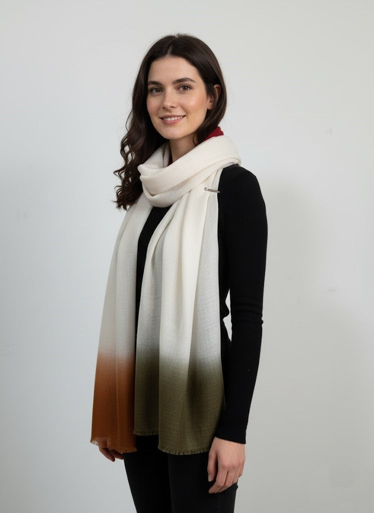 Luxury Ombre Cashmere/Fine Wool Scarf/Shawl | Natural Base with Rust Orange and Olive Green Gradient