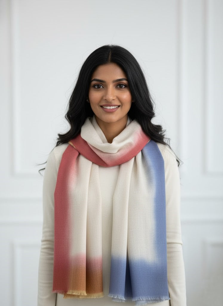 Elegant Multi-Border Ombre Cashmere/Fine Wool Shawl | Natural Cream Base with Terracotta and Dusky Blue Edges