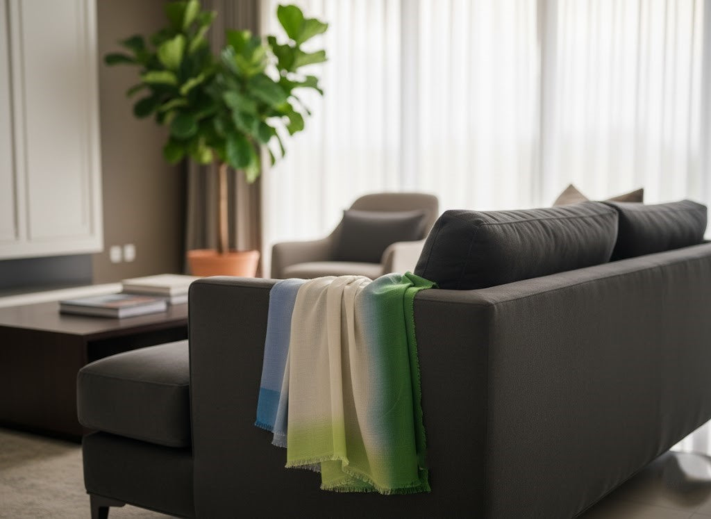 “Soft Wool Ombre Shade Scarf – Blue & Green Border Design by Cashmere Craft