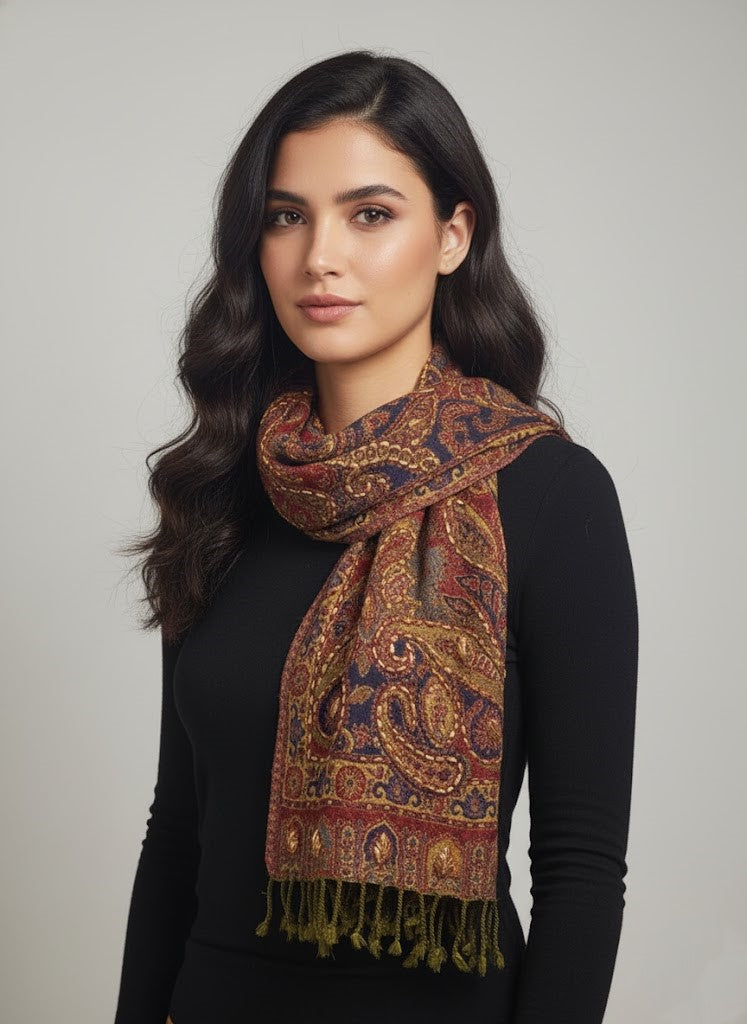 Luxury Handcrafted Wool Shawl with Paisley Embroidery & Tassel Fringe – Warm Winter Wrap