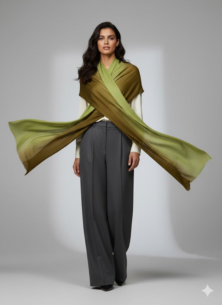 100% Pure Ombre Pashmina Stole - Soft Brown and Chartreuse Green Blend by Cashmere Craft