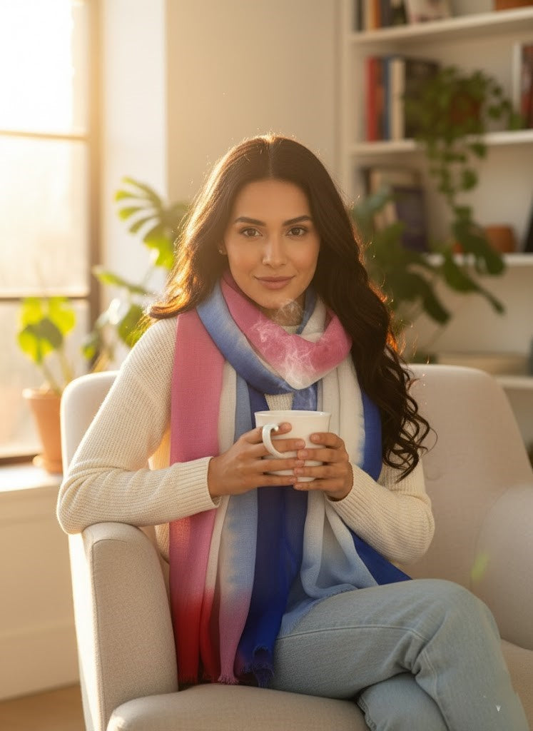 Premium Multi-Tone Ombre Soft Wool Scarf – Pink, Blue & Red Gradient by Cashmere Craft